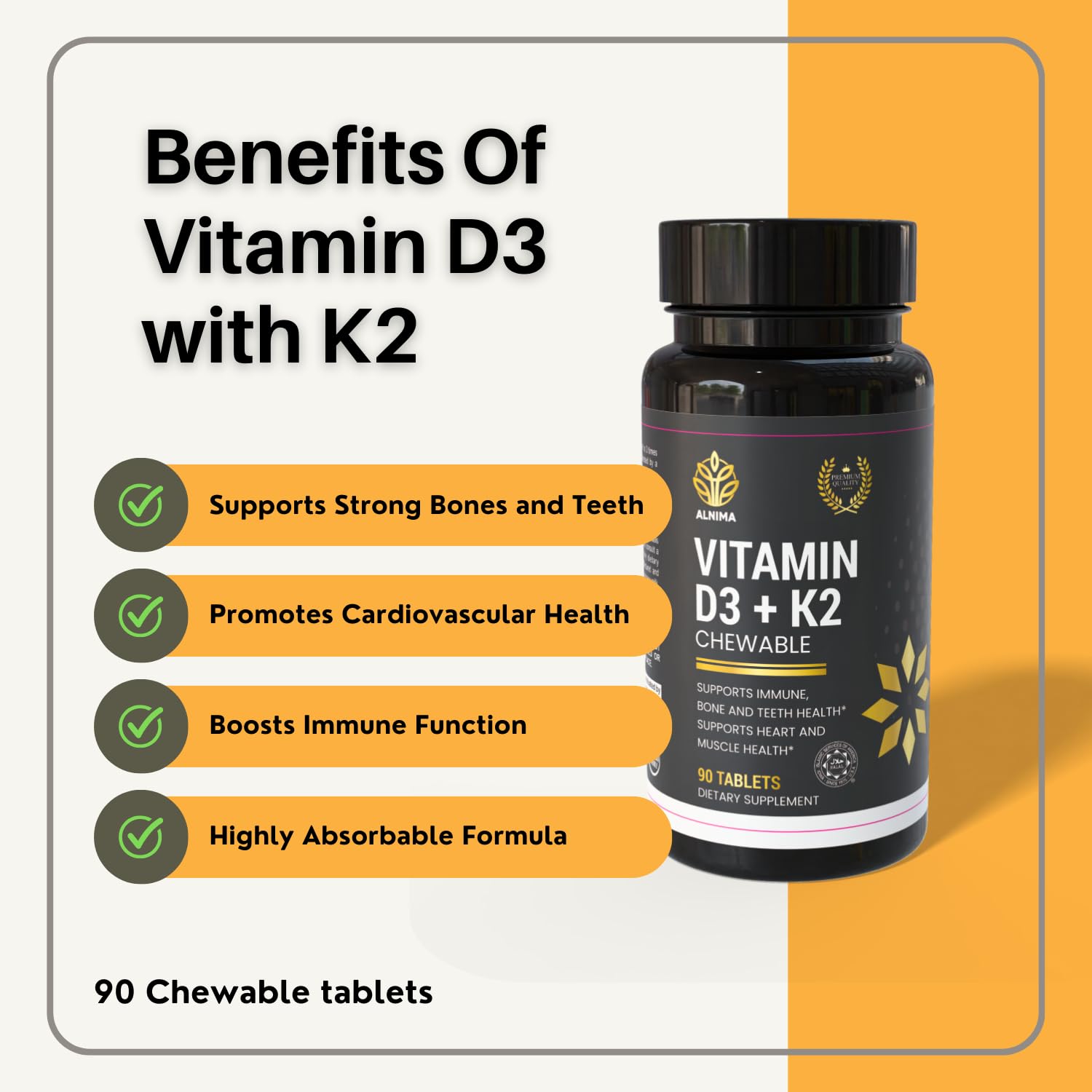 VITAMIN D3 with K2 – Bone & Heart Health Support – Halal Certified - 2000 IU D3 + 75 mcg MK-7 – Cherry Flavor Chewable Tablets – 90 Count – Made in USA