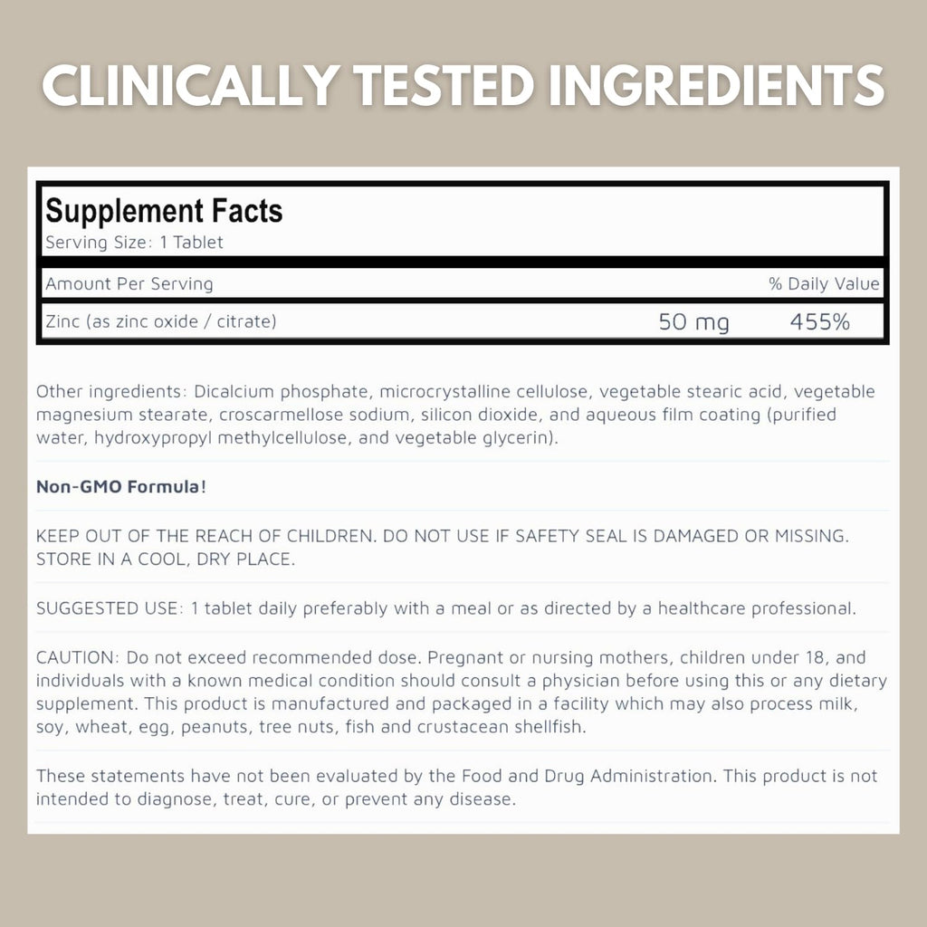 ZINC 50mg – High Potency Immune Support – Halal Certified Tablets – 100 Count – Non-GMO – Supports Skin, Hair, and Cellular Health – Made in USA
