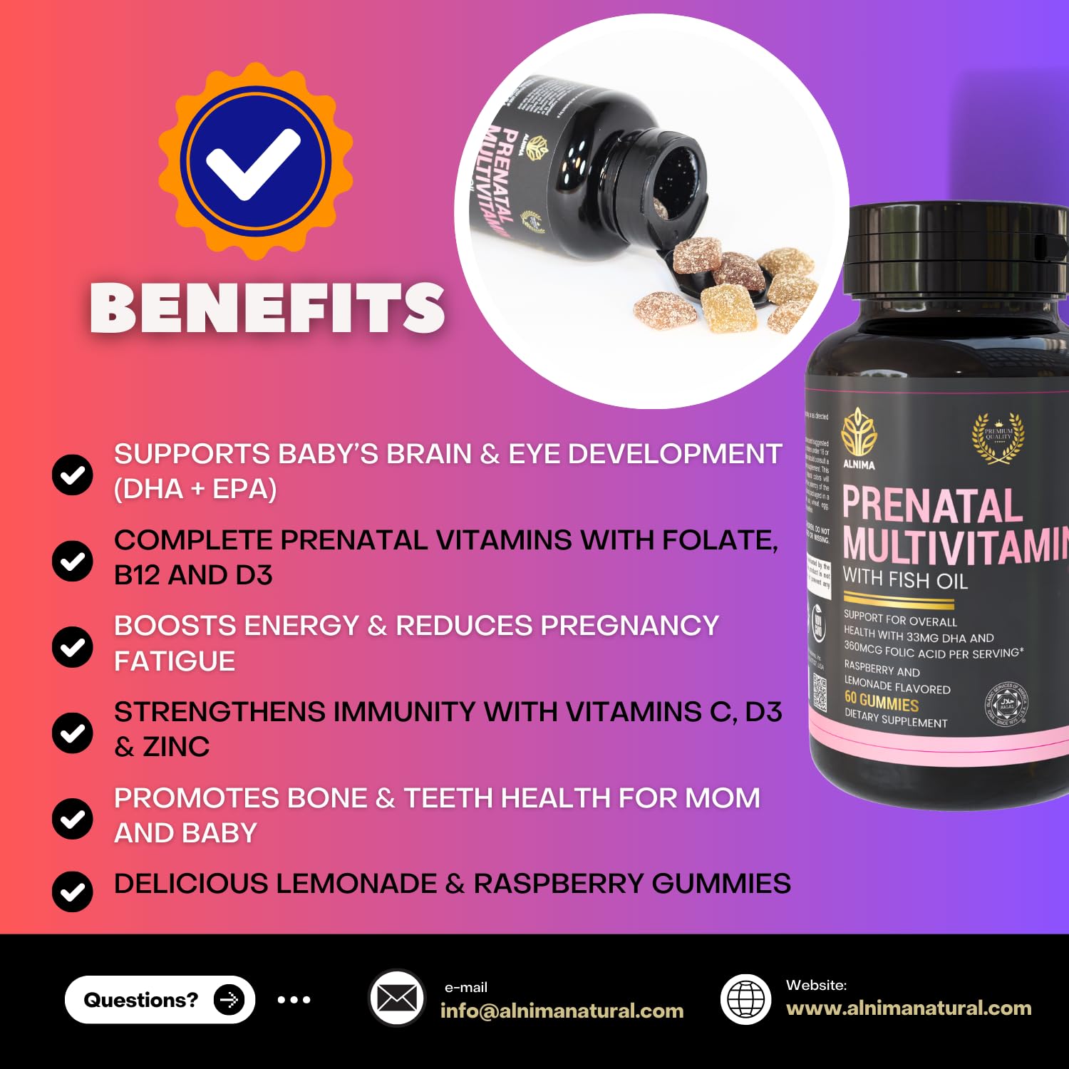 PRENATAL MULTIVITAMIN with DHA & EPA – Omega-3 Fish Oil Gummies for Pregnancy – Halal Certified – Raspberry & Lemon Flavor – 60 Count – Made in USA