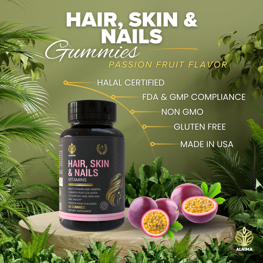 HAIR, SKIN & NAILS Gummies with Collagen – Biotin 6000 mcg, Vitamins A, C, D, E, Zinc & Folate – Passionfruit Flavor – Halal Certified – 60 Gummies