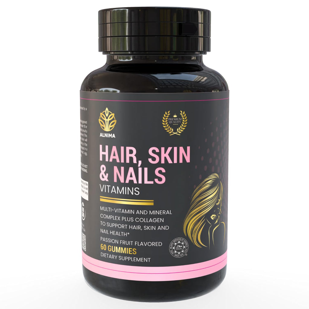 HAIR, SKIN & NAILS Gummies with Collagen – Biotin 6000 mcg, Vitamins A, C, D, E, Zinc & Folate – Passionfruit Flavor – Halal Certified – 60 Gummies