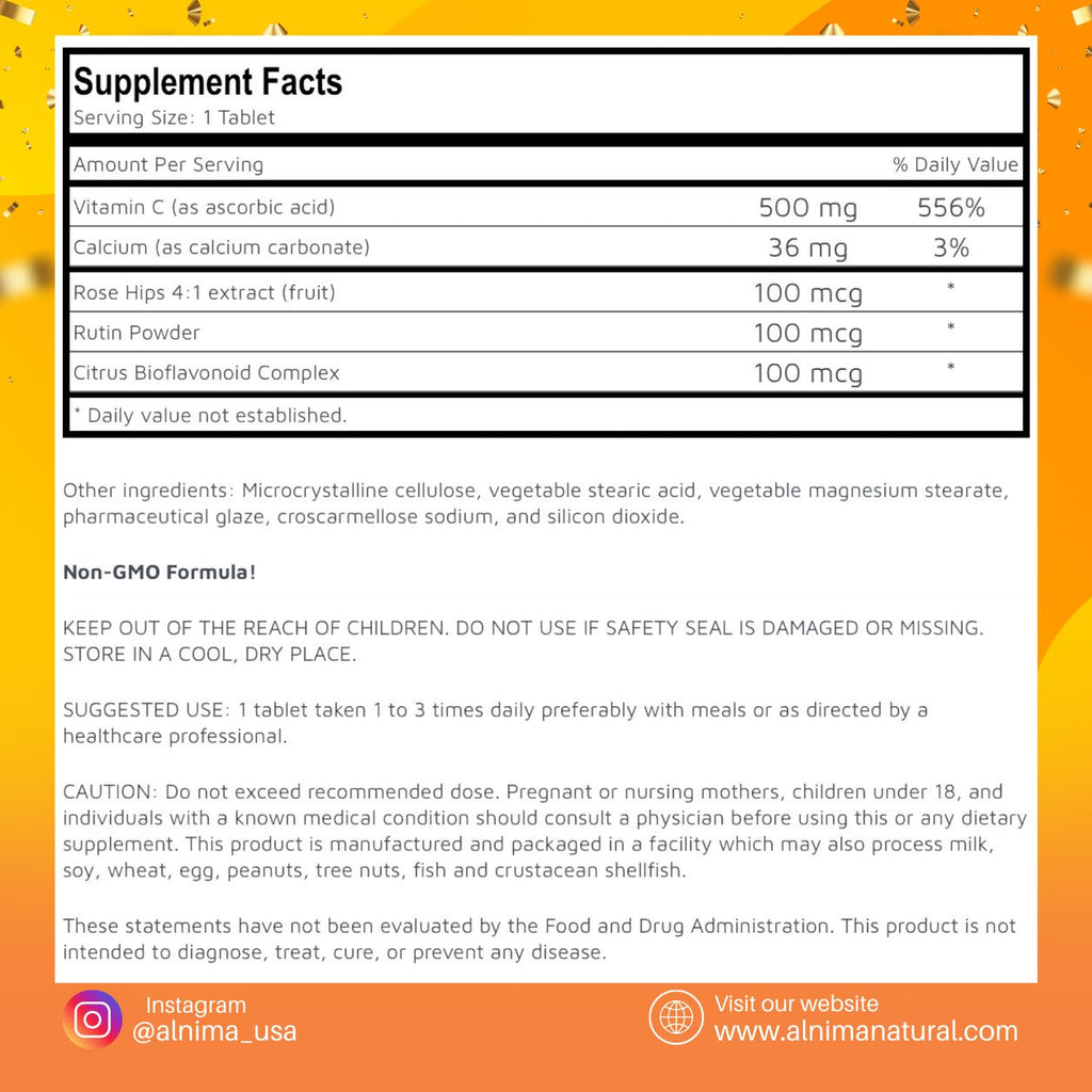 VITAMIN C500 mg with Rose HIPS – Immune Support Supplement – Antioxidant Tablets – Halal Certified – 100 Count – Made in USA – Non-GMO – Supports Skin & Collagen Health