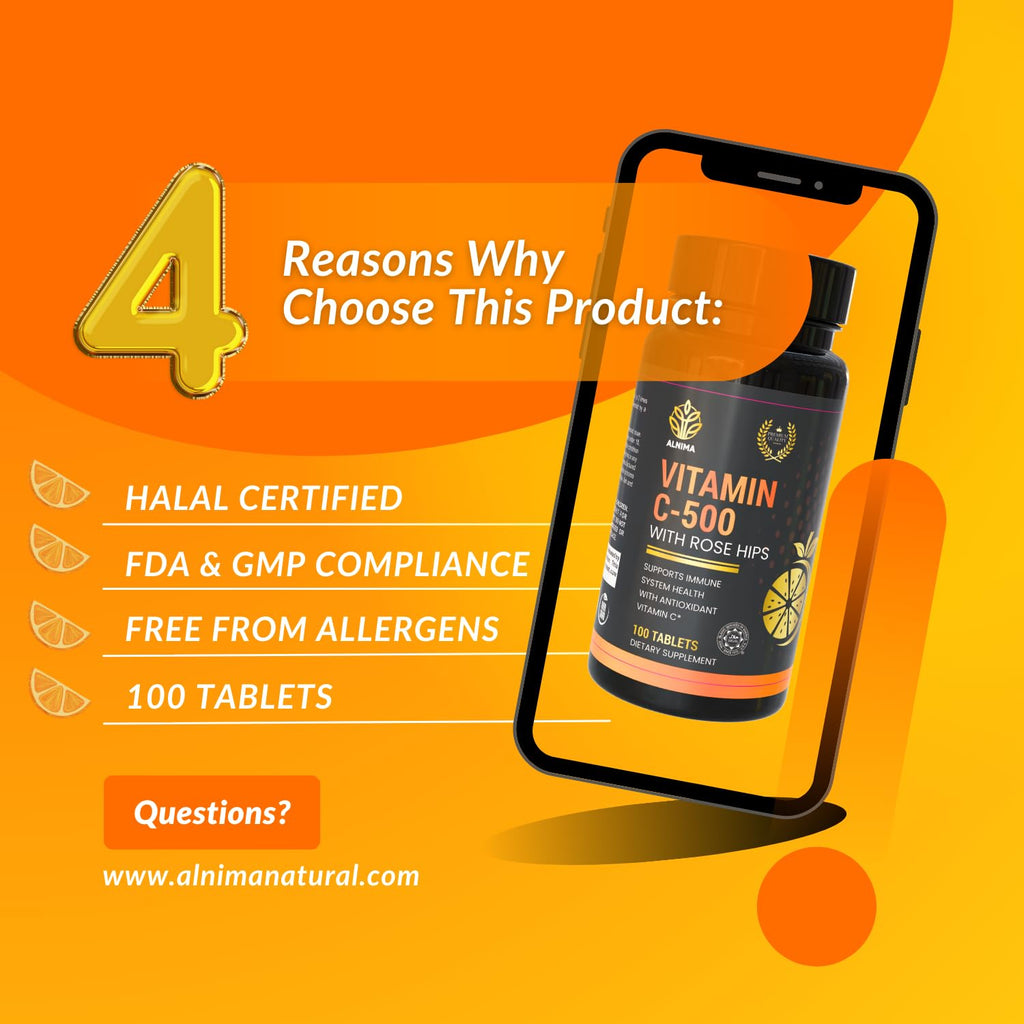 VITAMIN C500 mg with Rose HIPS – Immune Support Supplement – Antioxidant Tablets – Halal Certified – 100 Count – Made in USA – Non-GMO – Supports Skin & Collagen Health