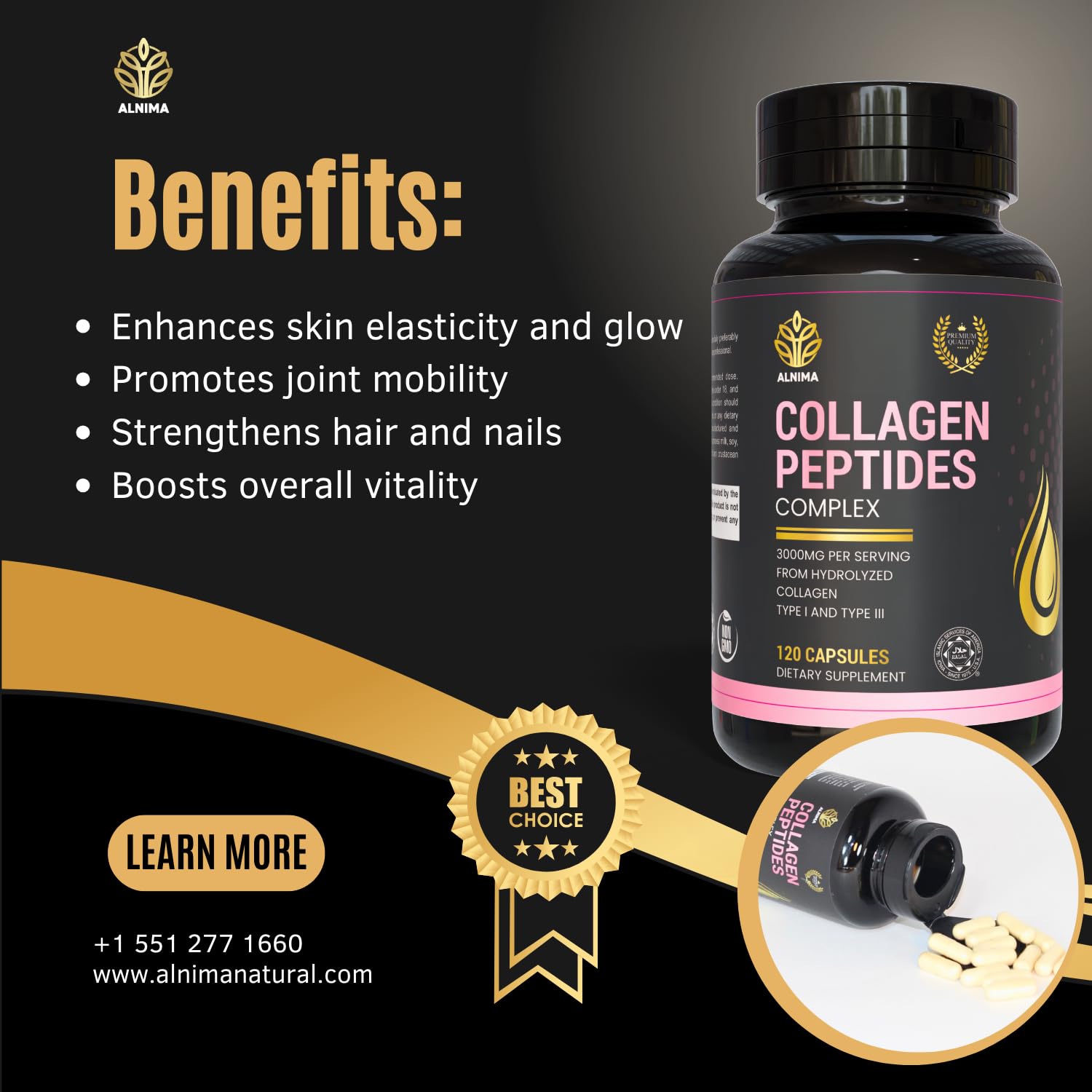 COLLAGEN PEPTIDES Complex – Type I & III Hydrolyzed Bovine Collagen – Halal Certified – 3000mg per Serving – Joint, Skin, Hair & Nail Support – 120 Capsules