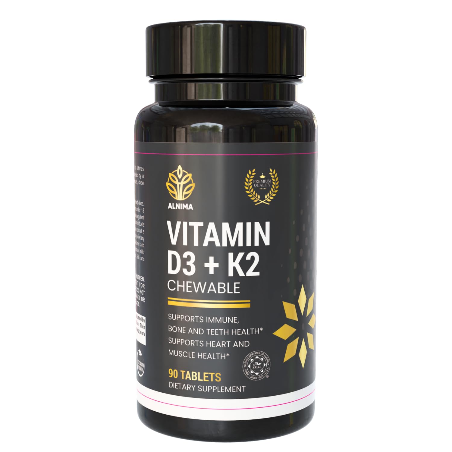 VITAMIN D3 with K2 – Bone & Heart Health Support – Halal Certified - 2000 IU D3 + 75 mcg MK-7 – Cherry Flavor Chewable Tablets – 90 Count – Made in USA
