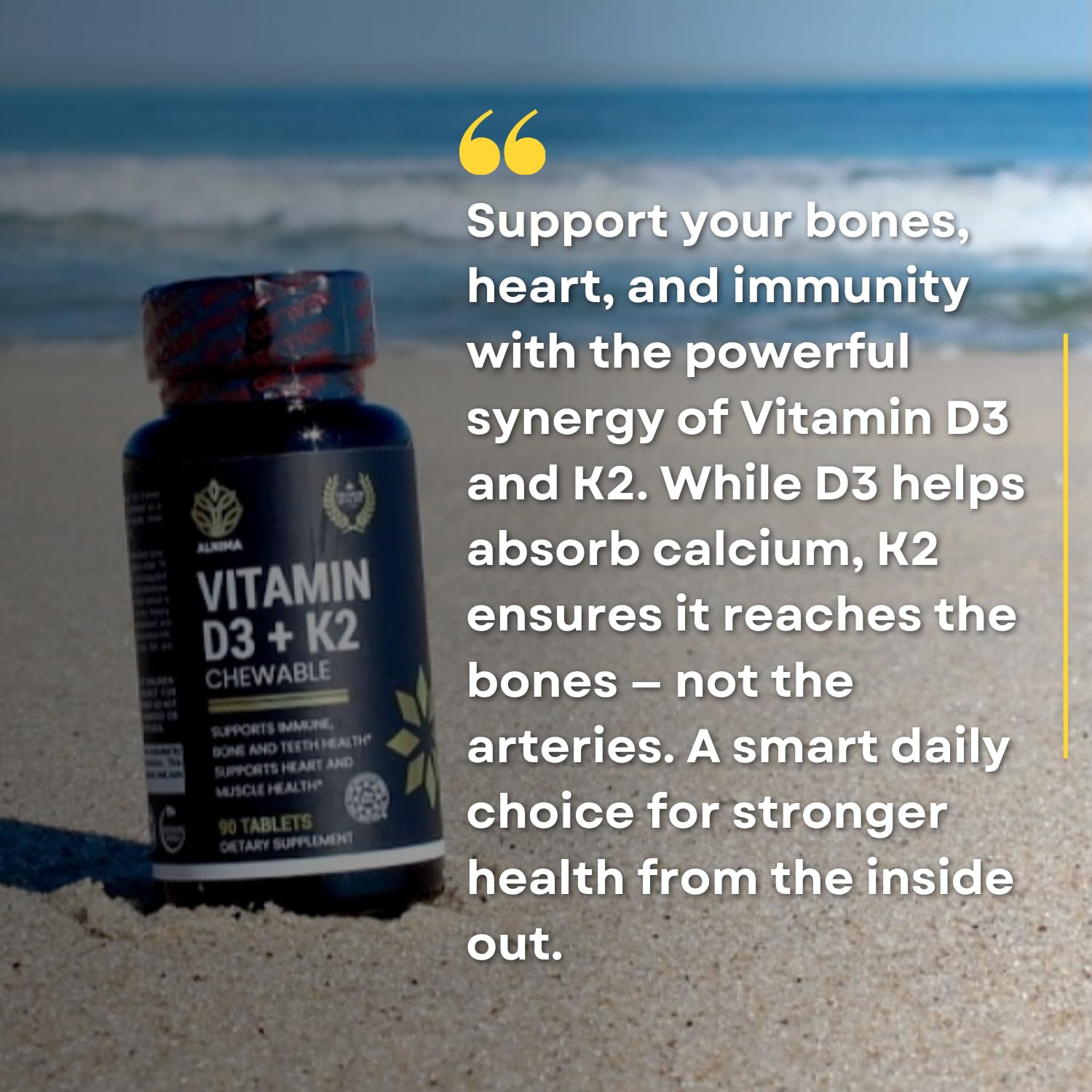VITAMIN D3 with K2 – Bone & Heart Health Support – Halal Certified - 2000 IU D3 + 75 mcg MK-7 – Cherry Flavor Chewable Tablets – 90 Count – Made in USA