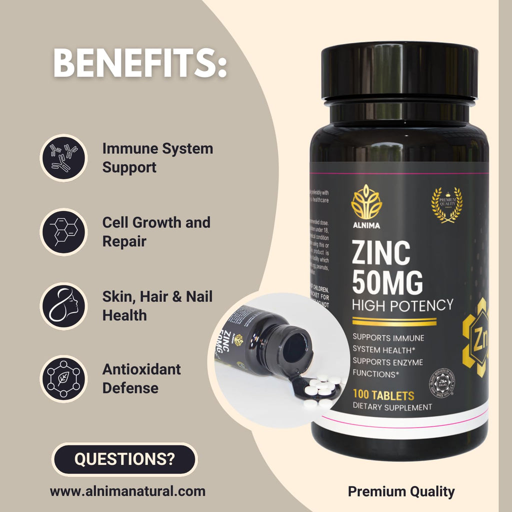 ZINC 50mg – High Potency Immune Support – Halal Certified Tablets – 100 Count – Non-GMO – Supports Skin, Hair, and Cellular Health – Made in USA