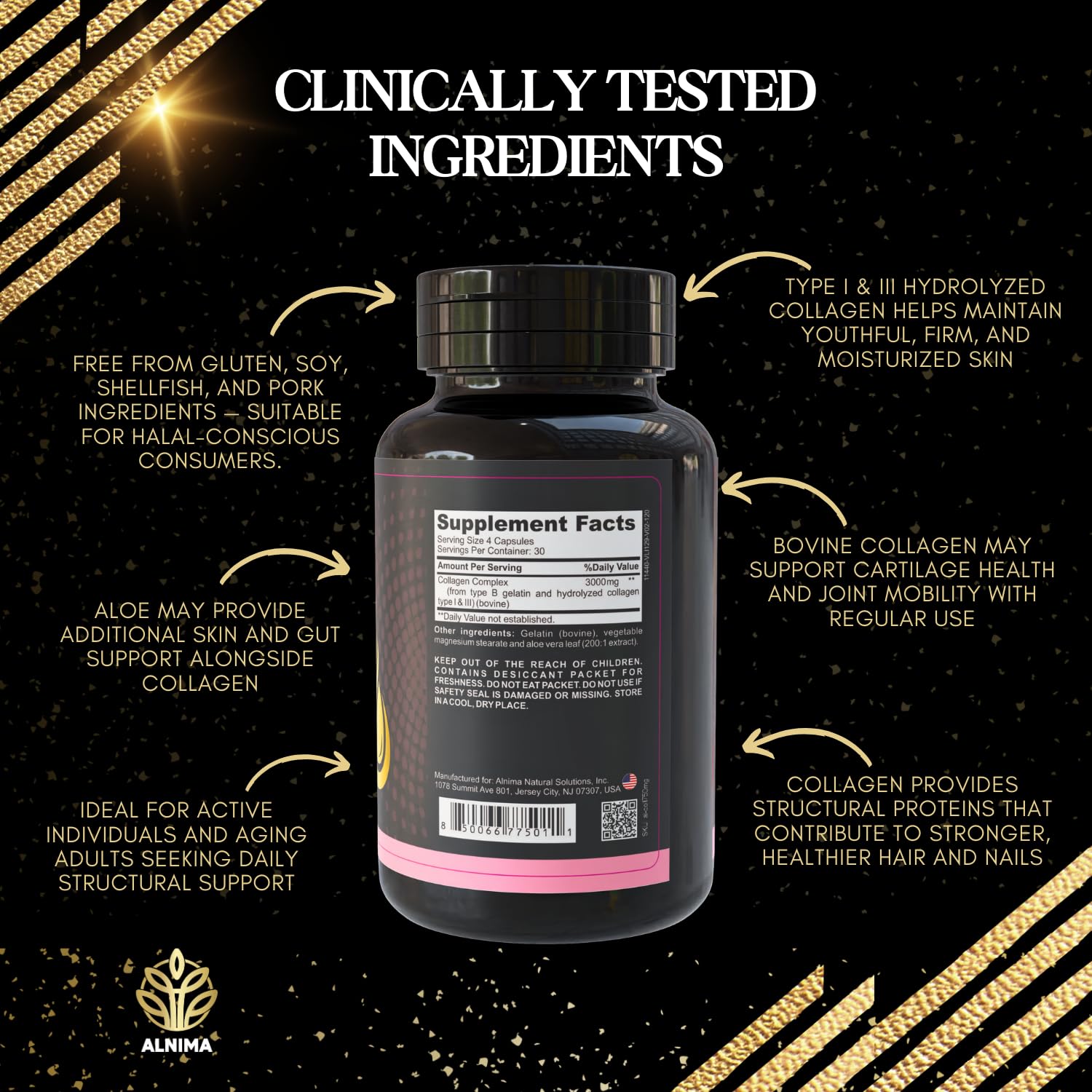 COLLAGEN PEPTIDES Complex – Type I & III Hydrolyzed Bovine Collagen – Halal Certified – 3000mg per Serving – Joint, Skin, Hair & Nail Support – 120 Capsules