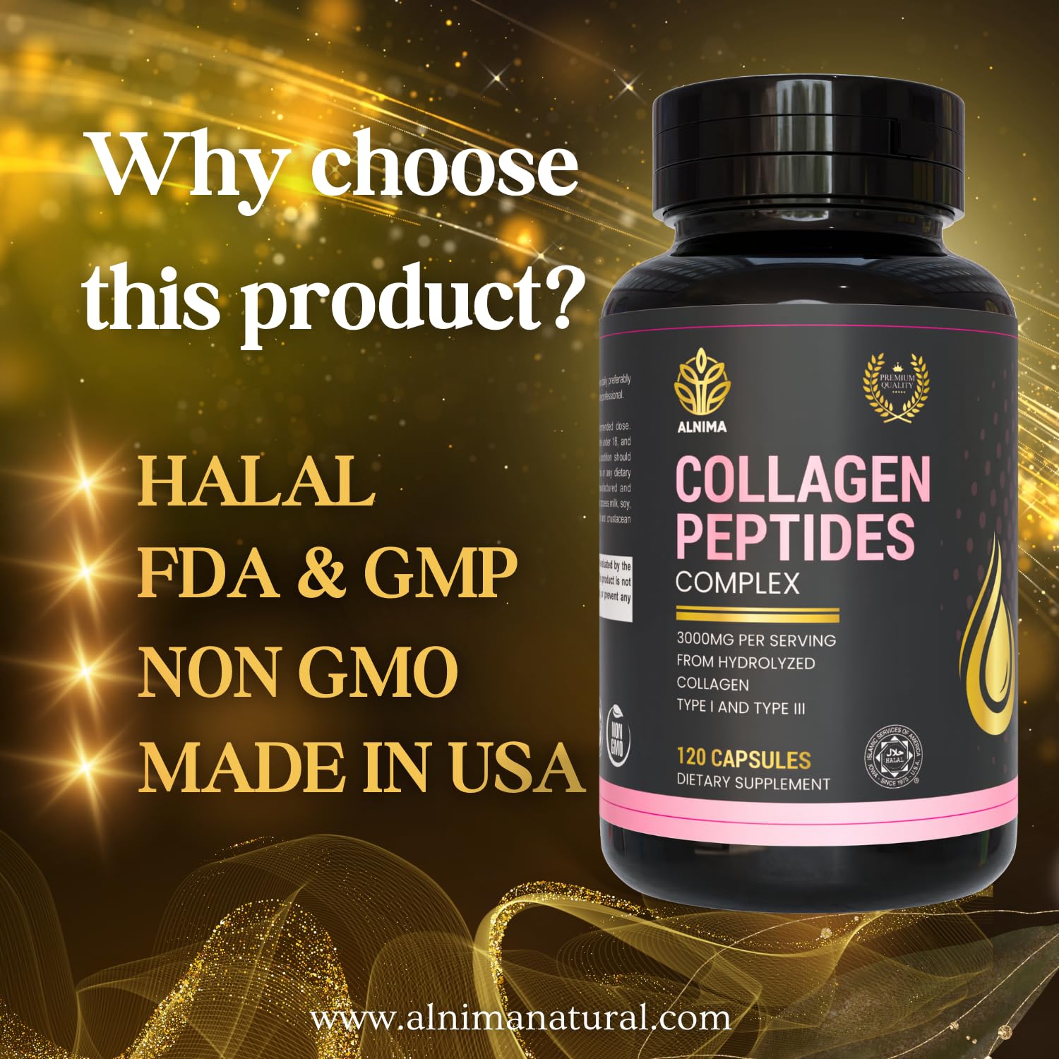 COLLAGEN PEPTIDES Complex – Type I & III Hydrolyzed Bovine Collagen – Halal Certified – 3000mg per Serving – Joint, Skin, Hair & Nail Support – 120 Capsules