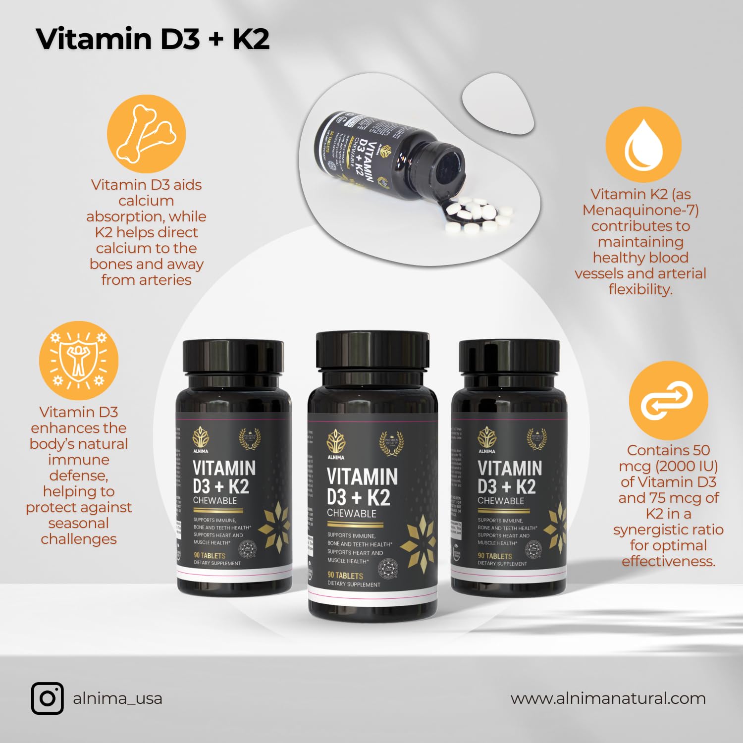 VITAMIN D3 with K2 – Bone & Heart Health Support – Halal Certified - 2000 IU D3 + 75 mcg MK-7 – Cherry Flavor Chewable Tablets – 90 Count – Made in USA