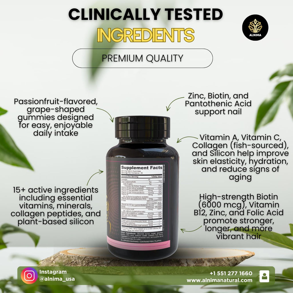 HAIR, SKIN & NAILS Gummies with Collagen – Biotin 6000 mcg, Vitamins A, C, D, E, Zinc & Folate – Passionfruit Flavor – Halal Certified – 60 Gummies