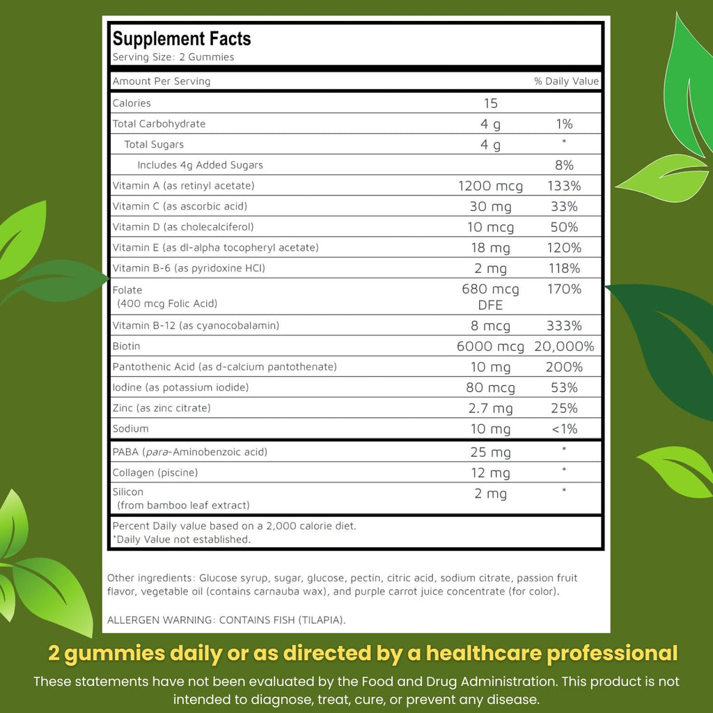 HAIR, SKIN & NAILS Gummies with Collagen – Biotin 6000 mcg, Vitamins A, C, D, E, Zinc & Folate – Passionfruit Flavor – Halal Certified – 60 Gummies